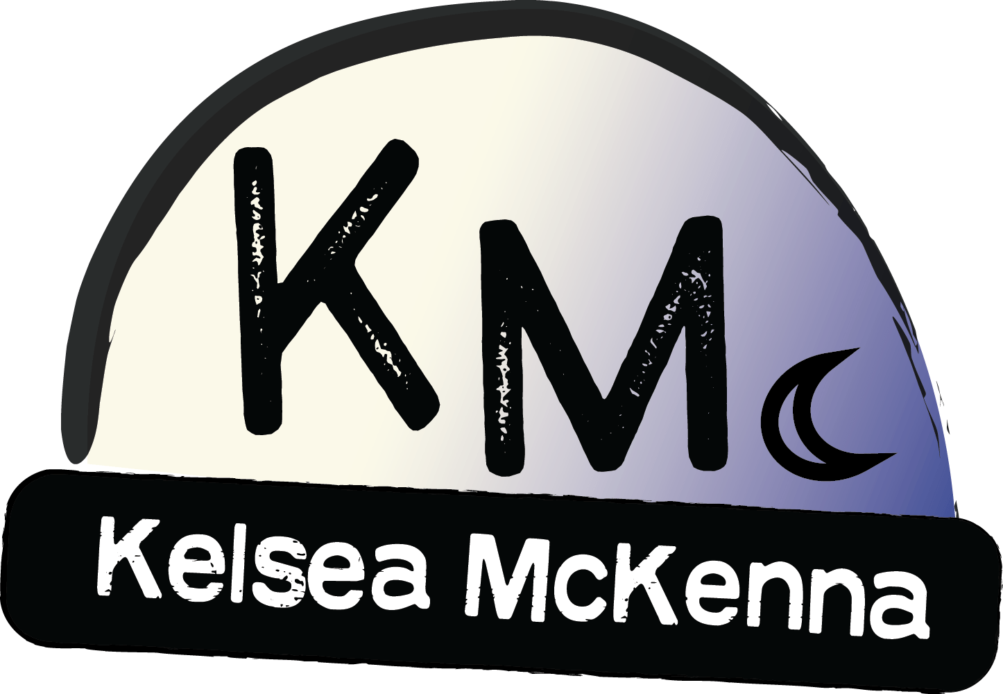 Blue and yellow half moon logo with Kelsea McKenna's name at the bottom and initials KM inside the moon. There's a c shaped like a crescent moon beside "KM".